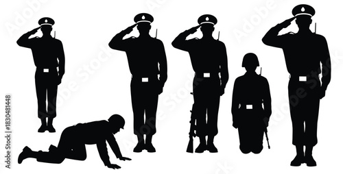 Silhouettes of soldiers in uniform performing military salutes and one kneeling