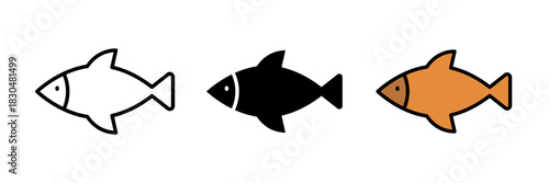 Fish icon usually depicted as a simple aquatic creature with fins and tail, symbolizing marine life, fishing, or food.