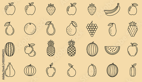 Collection of hand drawn fruit and vegetable illustrations in a grid layout