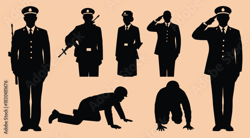 Silhouette collection of military personnel in various poses and uniforms