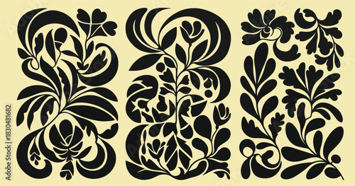 Abstract black and white botanical illustration with organic shapes and floral motifs