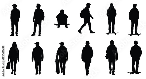 Diverse silhouettes of people in various poses and activities on a white background