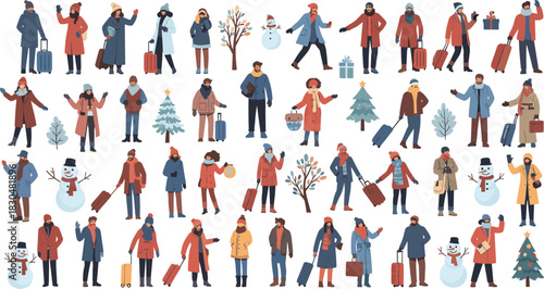 Winter travel people illustration set with luggage, Christmas trees, and snowmen, holiday season vector characters in warm clothing design