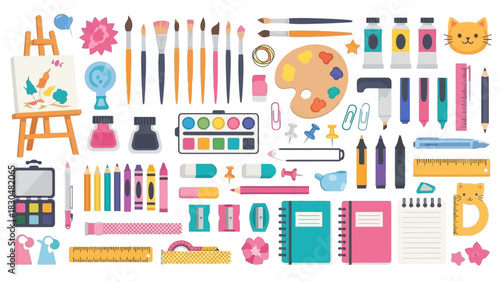 Full Art & Stationery Supplies Set: Flat Design Collection for Creative Hobbies & School Projects