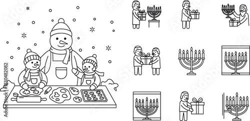 Winter holiday illustration with snowman baking cookies, menorah candles, family gift exchange, Hanukkah and Christmas celebration vector design