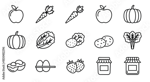 Hand drawn collection of fresh fruits vegetables eggs and jams perfect for healthy eating and recipes