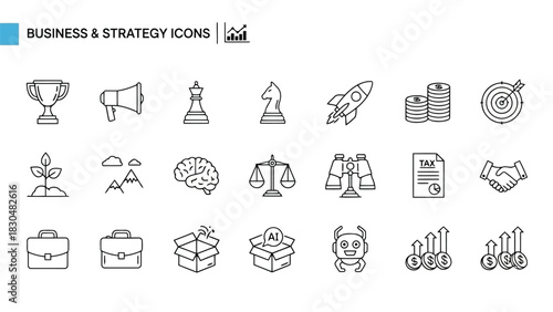 Vector illustration of business and strategy icons set of line style vector icons trophy, megaphone, chess, rocket, target, plant, brain, scale