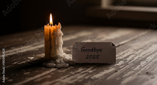 A lit candle and a goodbye card on a weathered wooden table