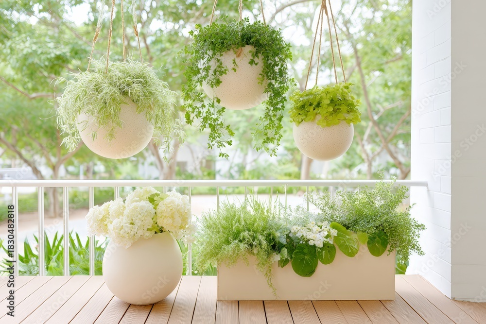 Obraz premium Lush greenery in hanging and potted planters on a wooden deck