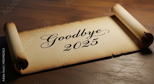 A scroll with the words goodbye 2025 written on the paper