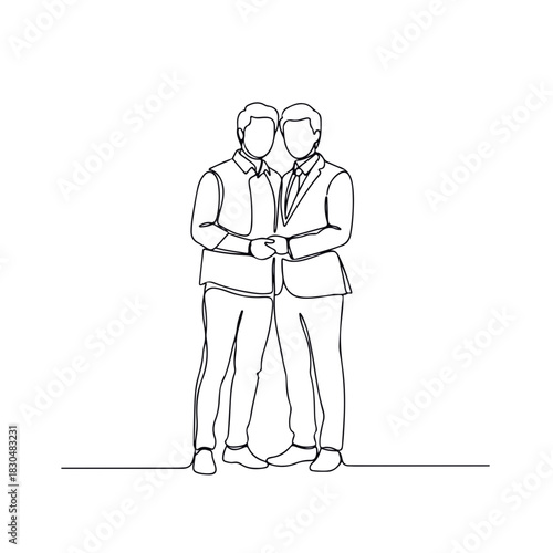 Adult couple portrait in minimalist line art illustration against white backdrop. Adult couple standing closely together, showcasing a bond in continuous line.