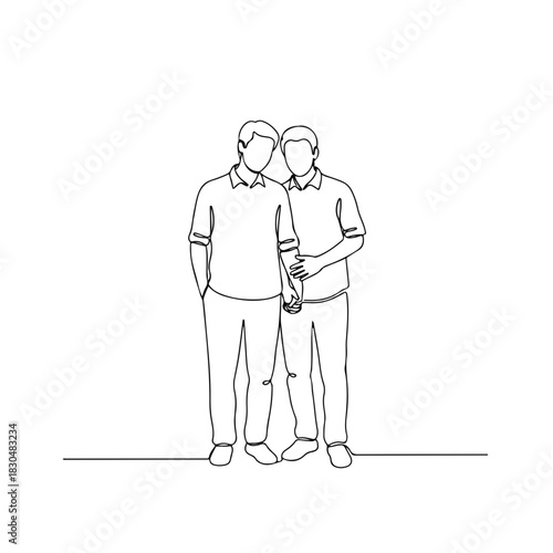 Adult couple stands together in minimal line drawing. Adult couple in love embraces, one person with hand in pocket, other with hand on arm. Minimalist adult couple art for wedding announcement,