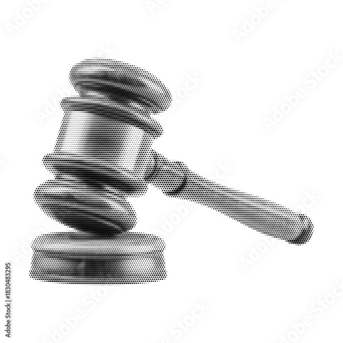 Halftone vector illustration of a judge’s gavel with dotted texture, classic legal symbol for justice, courtroom decisions, law themes, attorney graphics, vintage monochrome judicial design