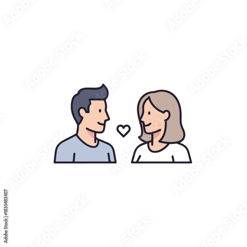 Adult couple shown as simple icons on white background. Adult couple looks at each other, relationship represented by heart between them. Symbolic adult couple for dating app or relationship concept.