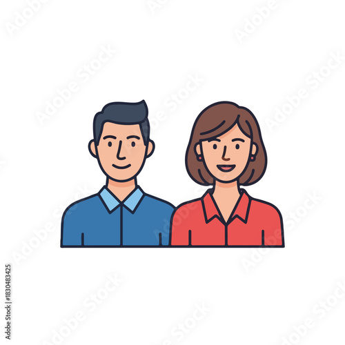 Adult couple portrait with simple outlines and plain background for an approachable look. Adult couple illustration shows two people standing side by side, creating an inclusive and welcoming vibe.