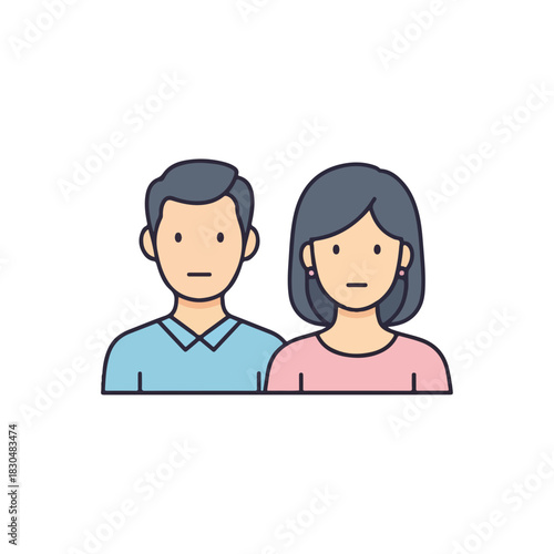 Adult couple portrait with serious faces on white backdrop. Adult couple representation in blue and pink outlines showing an illustration of husband and wife.