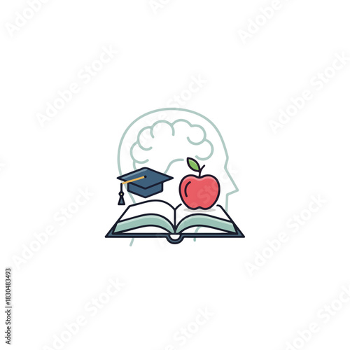 Illustration of adult education with open book, graduation cap and red apple in front of brain outline. Image represents knowledge and learning in adult education.