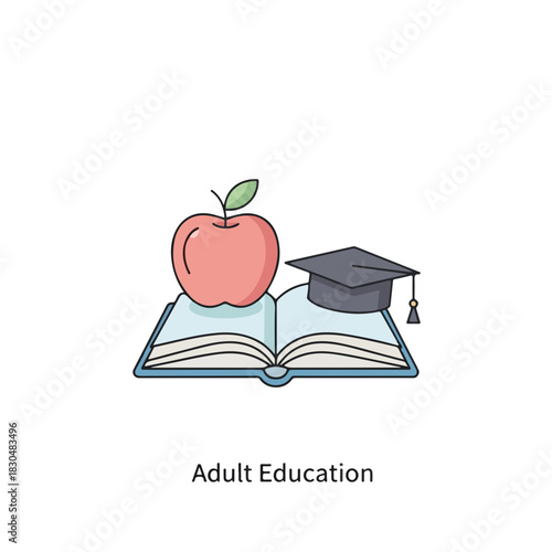 Symbol of adult education showing book, apple, and graduation cap represents pursuit of lifelong learning. Adult education elements include open textbook with fruit sitting on top,