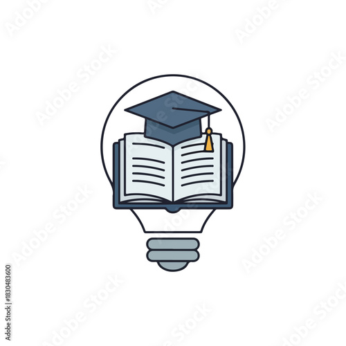 Open book with graduation cap illustrates adult education, presenting learning symbol. Adult education concept includes academic degree completion alongside open knowledge for adults.