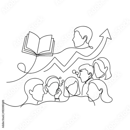 Adult education illustration featuring an open book and group discussion in continuous line style on white backdrop. Adult education emphasizes knowledge sharing among students,