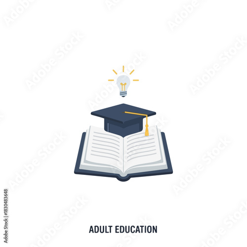 Adult education with open book and graduation cap on white. Adult education helps to acquire skills and knowledge for career growth or intellectual enrichment.