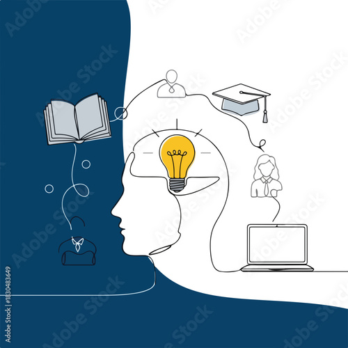 Adult education one line drawing features learner's profile with shining light bulb, symbol of knowledge, book, graduation cap, computer.