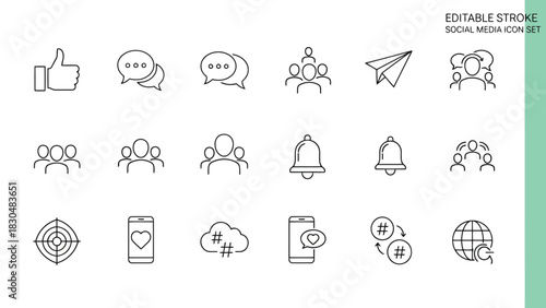Vector illustration of social media icon set contains such icons as like, comment, group, target, notification and more editable stroke
