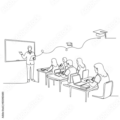 Adult education in minimalist line drawing showing lecturer standing at whiteboard with students at desks. Adult education concept illustration of knowledge transfer during lesson.