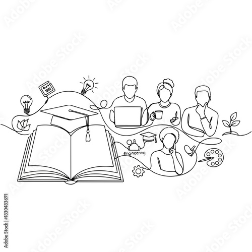 Adult education depicted in a continuous line drawing, featuring an open book and graduation cap, represents learning and growth.