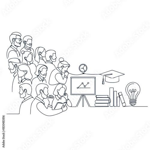 Adult education concept: presentation, board, and diagram. Adult education in session with a group of listeners absorbing knowledge. Adult education concept for corporate training, college classes,