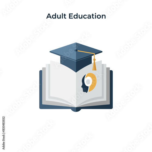 Adult education concept with graduation cap sitting atop open book, illustrating academic pursuit and knowledge gain. Adult education represents lifelong learning for adult friends,