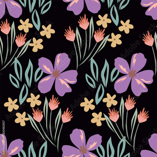 Cute seamless pattern with decorative flowers and leaves can be used for wallpapers, surface textures, textile,linen, kids cloth, pattern fills, page backgrounds and more designs