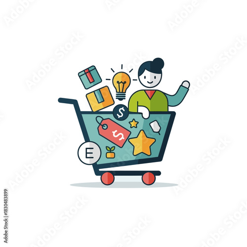 Person in a shopping cart with ideas and online deals