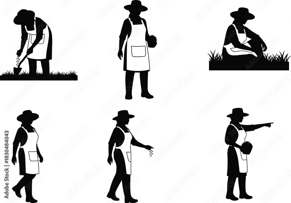 Naklejka premium Gardening and harvesting silhouette illustrations with apron and hat, planting, inspecting, walking, pointing, produce handling poses