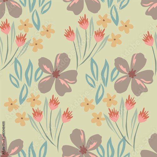 Seamless floral pattern, cute liberty ditsy print of mini botany in a romantic motif. Pretty simple botanical design: small hand drawn flowers, tiny leaves abstract on light field. Vector illustration
