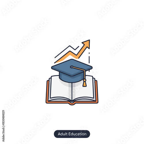 Symbolic adult education illustration with graduation cap and open book, showing professional development. Adult education signifies growing skill with knowledge and higher learning.