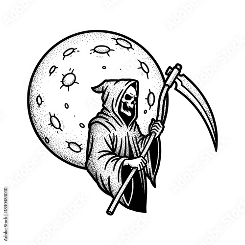 Grim Reaper holding a scythe against a full moon.