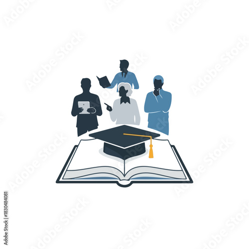 Illustration depicting adult education featuring open book, graduation cap, and diverse silhouettes of learners.