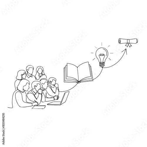 Adult education illustration of a group of people gathered around a computer looking at a book. Adult education session with knowledge and a lightbulb leads to graduation,