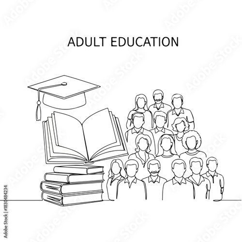 Adult education concept illustration featuring graduation cap and books, adult education. Group of learners attending class for adult education and personal development.