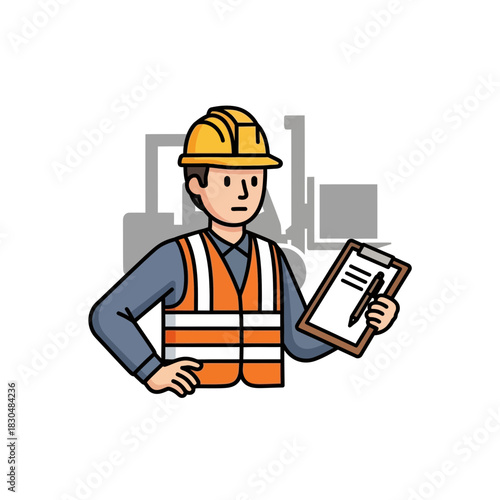 Cartoon engineer with clipboard on construction site