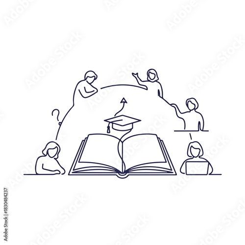 Adult education diagram with open book and people around. Adult education setup shows learning concept, adult friends are studying. Promote adult education or continuing education programs.