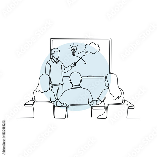 Adult education session with instructor presenting new idea on whiteboard to adult friends. Adult education includes explanations, drawings and diagrams on whiteboard.