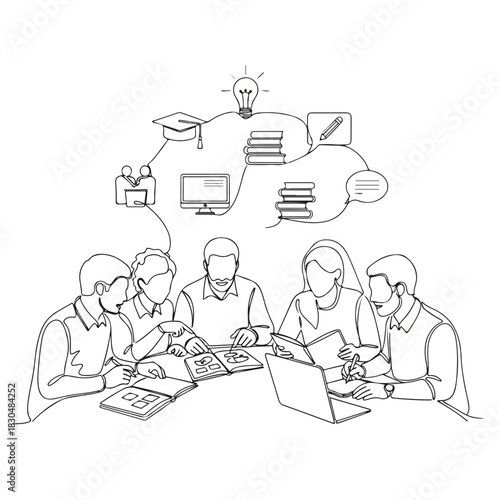 Adult education with classmates and laptop sharing ideas, team adult education at desk discussing project together. Adult education process needs cooperation.