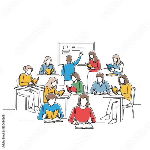 Adult education in a classroom with teacher and students reading books, everyone involved in adult education. Classroom is busy with adult education, focused on learning in a supportive environment.