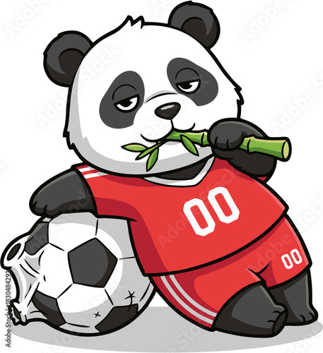 Cartoon Panda Soccer Player with Bamboo and Deflated Ball Illustration