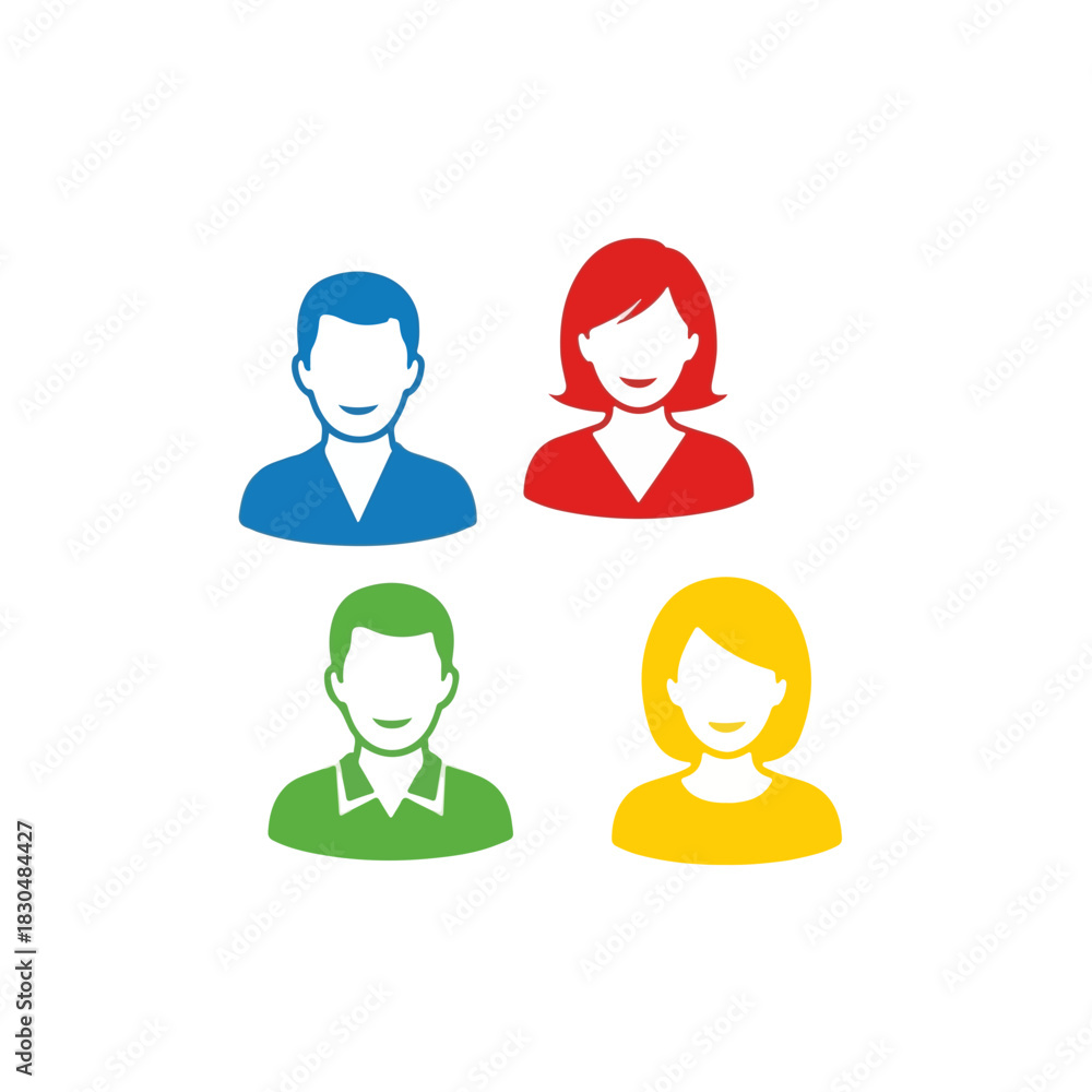 Fototapeta premium Four people icons with simplified facial features in vibrant colors make for great avatar designs. People icons in bright colors can represent diversity and teamwork.