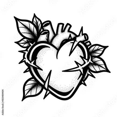 Black and white illustration of a heart pierced by thorns and surrounded by leaves.