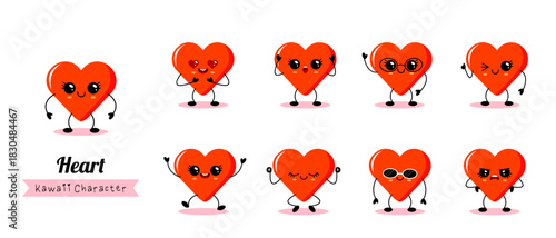 Collection of adorable red heart characters with various emotional poses. Happy, loving, surprised, calm and angry faces. Great for stickers, cards, kids designs and Valentine themes