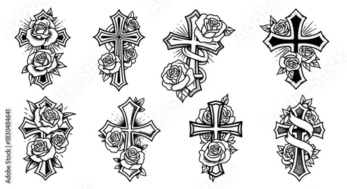 Collection of Ornate Crosses with Roses Tattoo Designs.